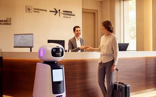 Robot de servicio autónomo en la recepción de un hotel de 4 estrellas en Cataluña guiando a un cliente hacia su habitación
