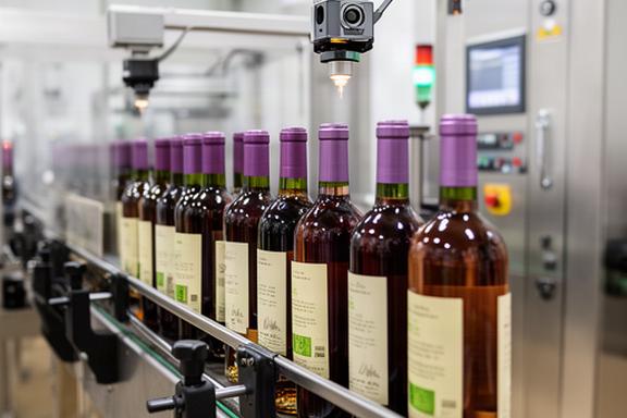 Sistema de visión artificial inspeccionando etiquetas y nivel de llenado en una línea de embotellado de una bodega catalana